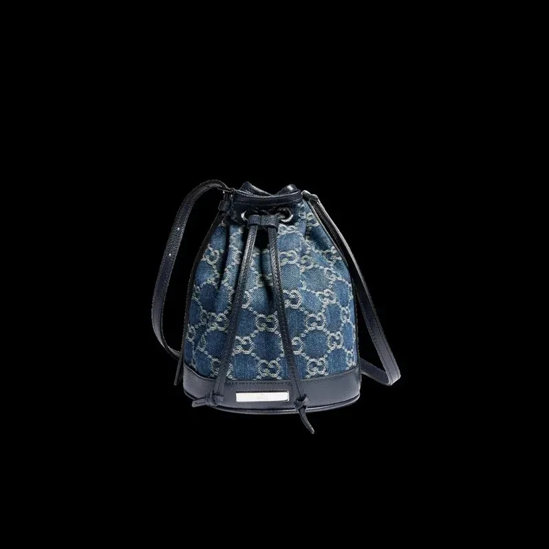 Gucci Bucket With Gucci Plaque Mini Shoulder Bag / Dark Blue Denim Palladium Hardware Gucci Bucket With Gucci Plaque Mini Shoulder Bag / Dark Blue Denim Palladium Hardware