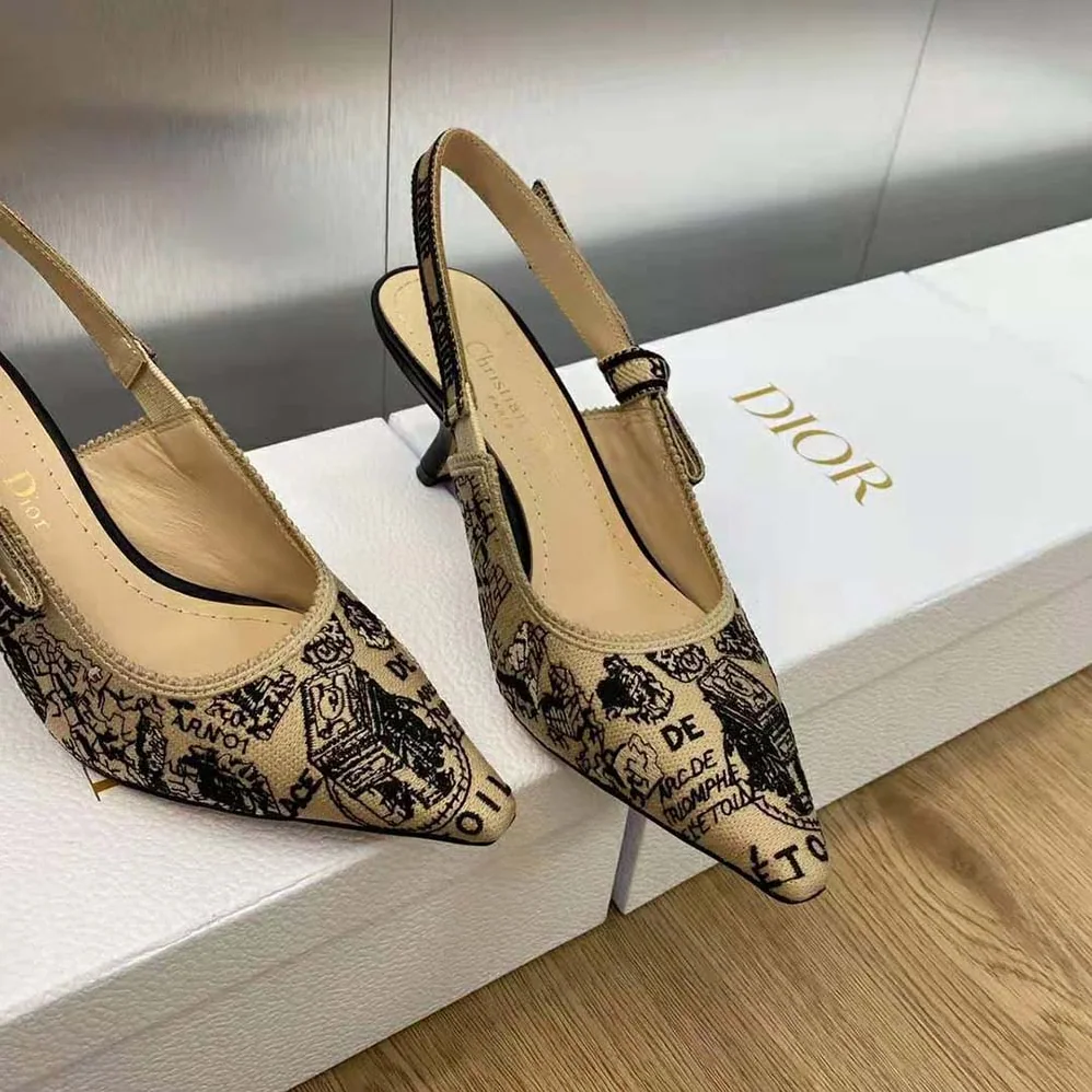 Dior J'Adior Slingback Pump Beige and Black Cotton Embroidered with Plan de Paris Motif for Women Dior J'Adior Slingback Pump Beige and Black Cotton Embroidered with Plan de Paris Motif for Women