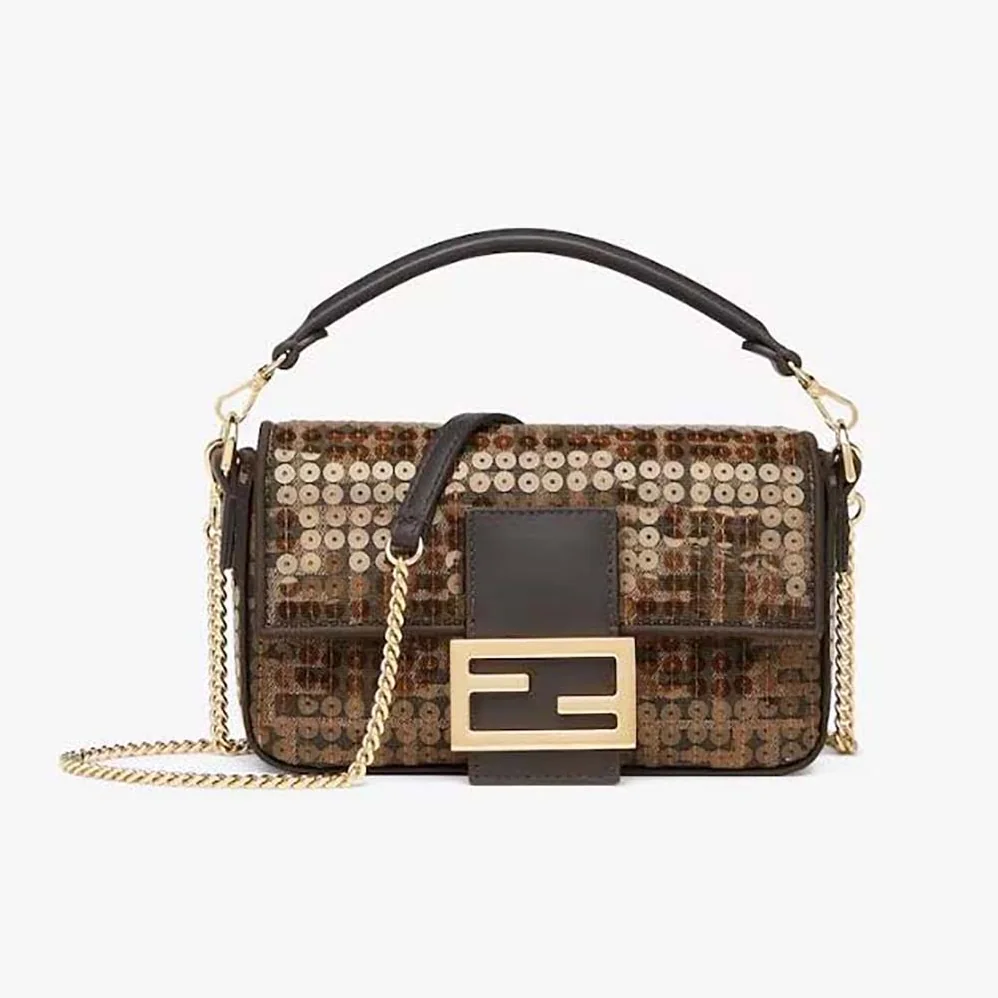 Fendi Baguette Mini Brown FF Jacquard Fabric Bag with Sequins for Women Fendi Baguette Mini Brown FF Jacquard Fabric Bag with Sequins for Women