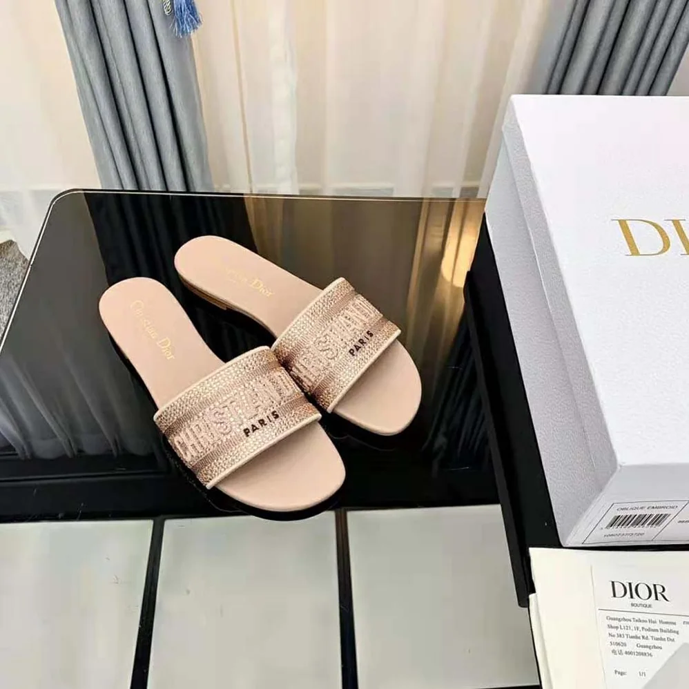 Dior Dway Slide Rose Des Vents Cotton Embroidered with Metallic Thread and Strass for Women