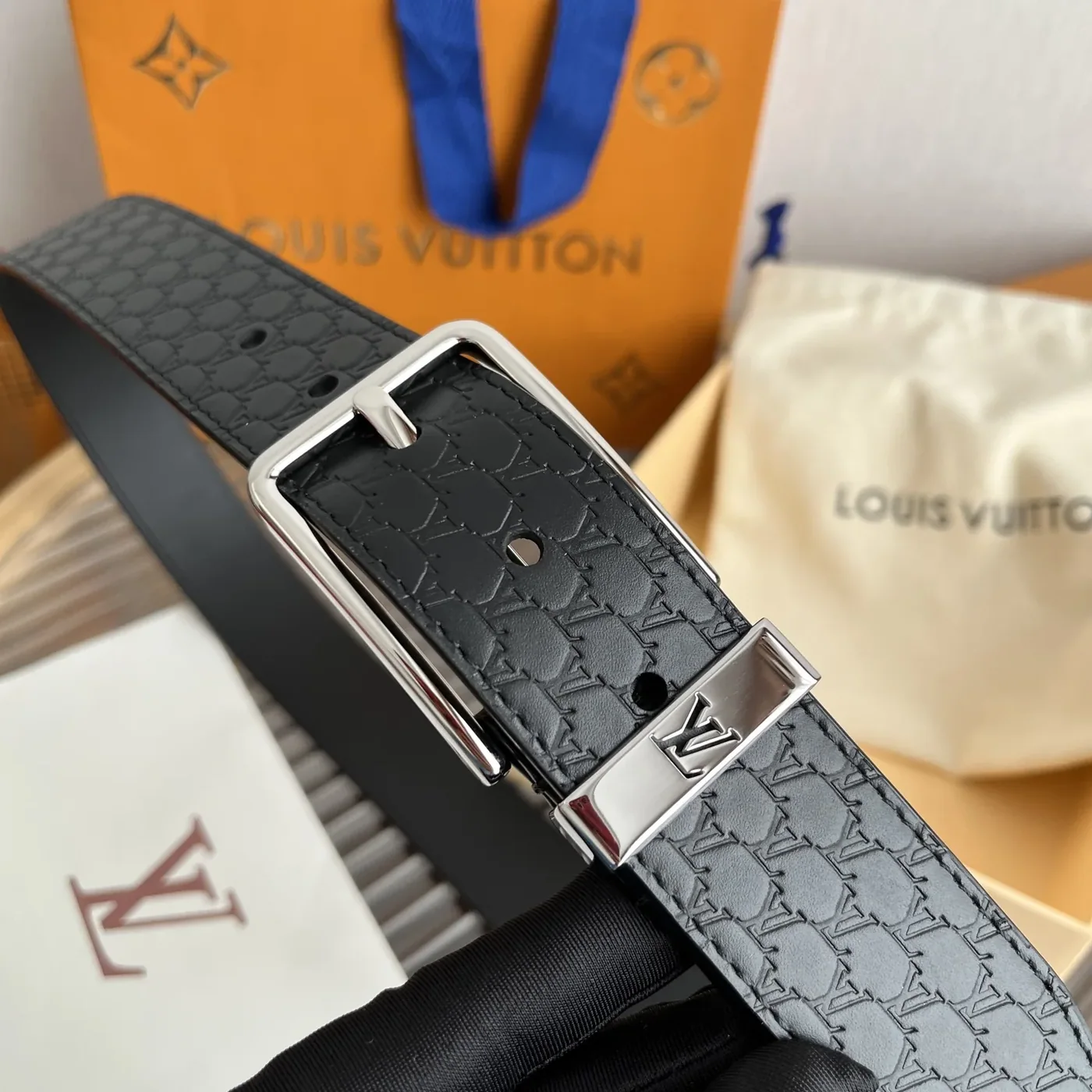 Louis Vuitton Initiales Reversible Belt Black LV Blason Embossed Louis Vuitton Initiales Reversible Belt Black LV Blason Embossed
