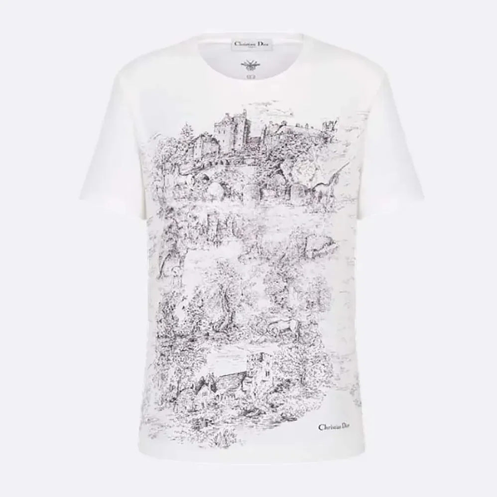 Dior T-Shirt White Cotton and Linen Jersey with Black Toile de Jouy Scotland Motif for Women Dior T-Shirt White Cotton and Linen Jersey with Black Toile de Jouy Scotland Motif for Women
