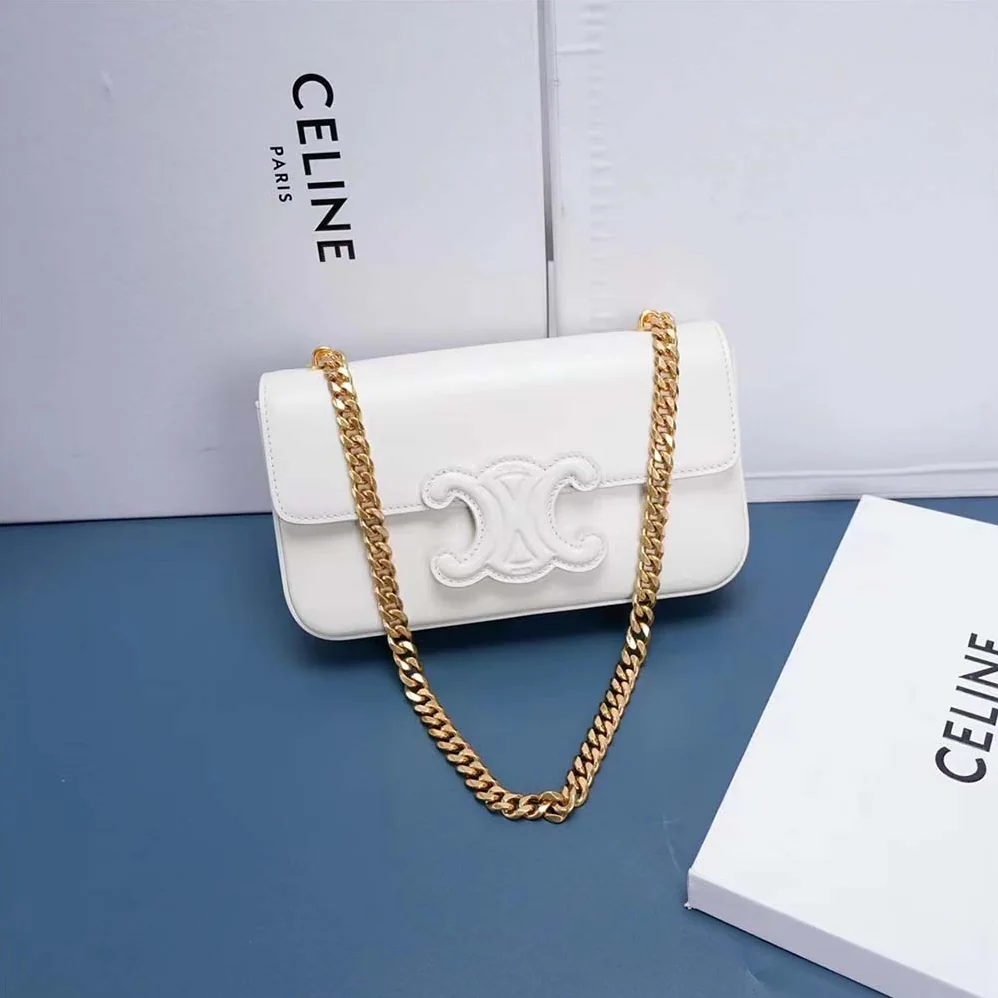Celine Chain Shoulder Bag Cuir Triomphe in Shiny Calfskin for Women in White