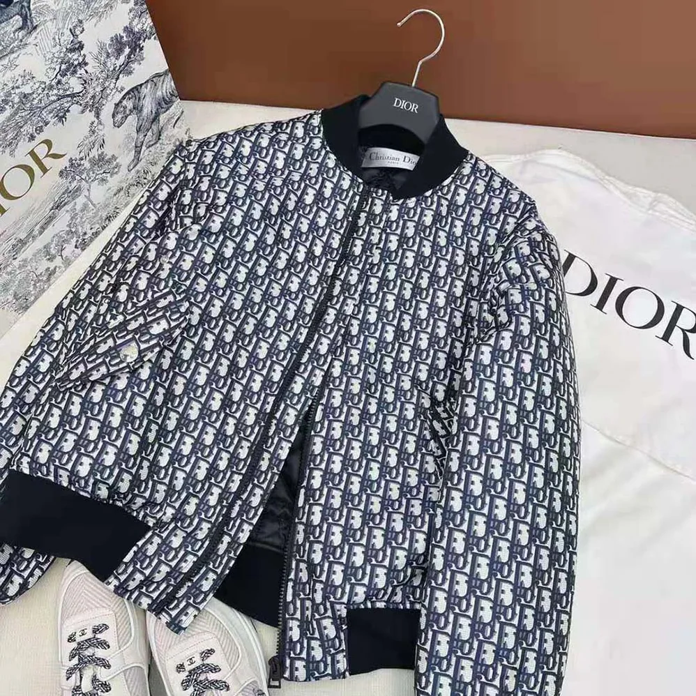 Dior Bomber Jacket with Criss Cross Collar Blue and Ecru Technical Taffeta Jacquard for Women Dior Bomber Jacket with Criss Cross Collar Blue and Ecru Technical Taffeta Jacquard for Women