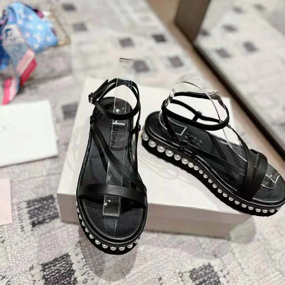 Jimmy Choo Pine Flat Black Vachetta Leather Platform Sandals with Pearl Embellishment for Women
