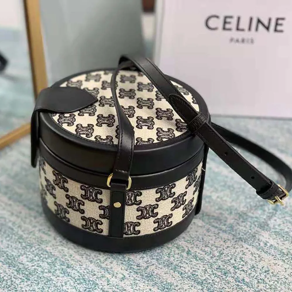 Celine Medium Tambour Bag in Textile with Triomphe Embroidery for Women