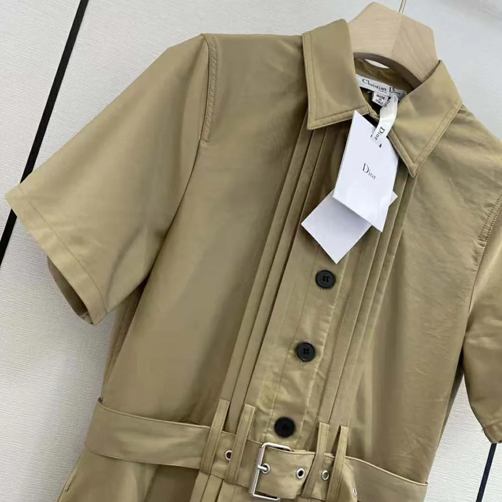 Dior Mid-Length Belted Pleated Dress Beige Technical Cotton Gabardine for Women