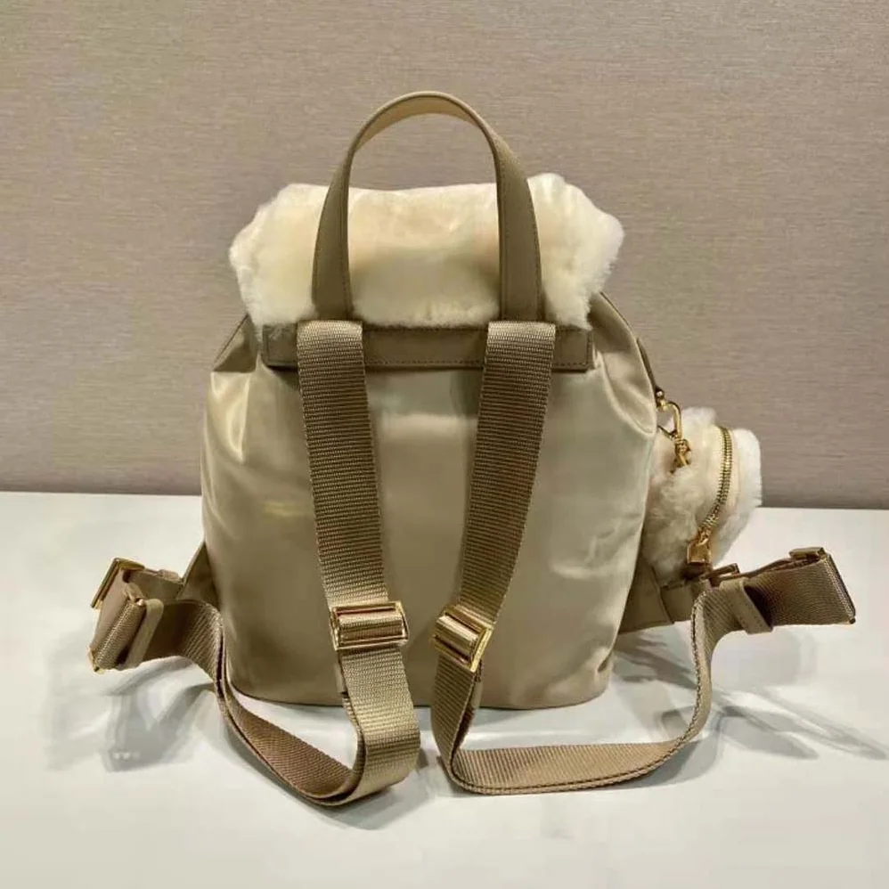 Prada Re-Nylon and Shearling Backpack for Women in Beige