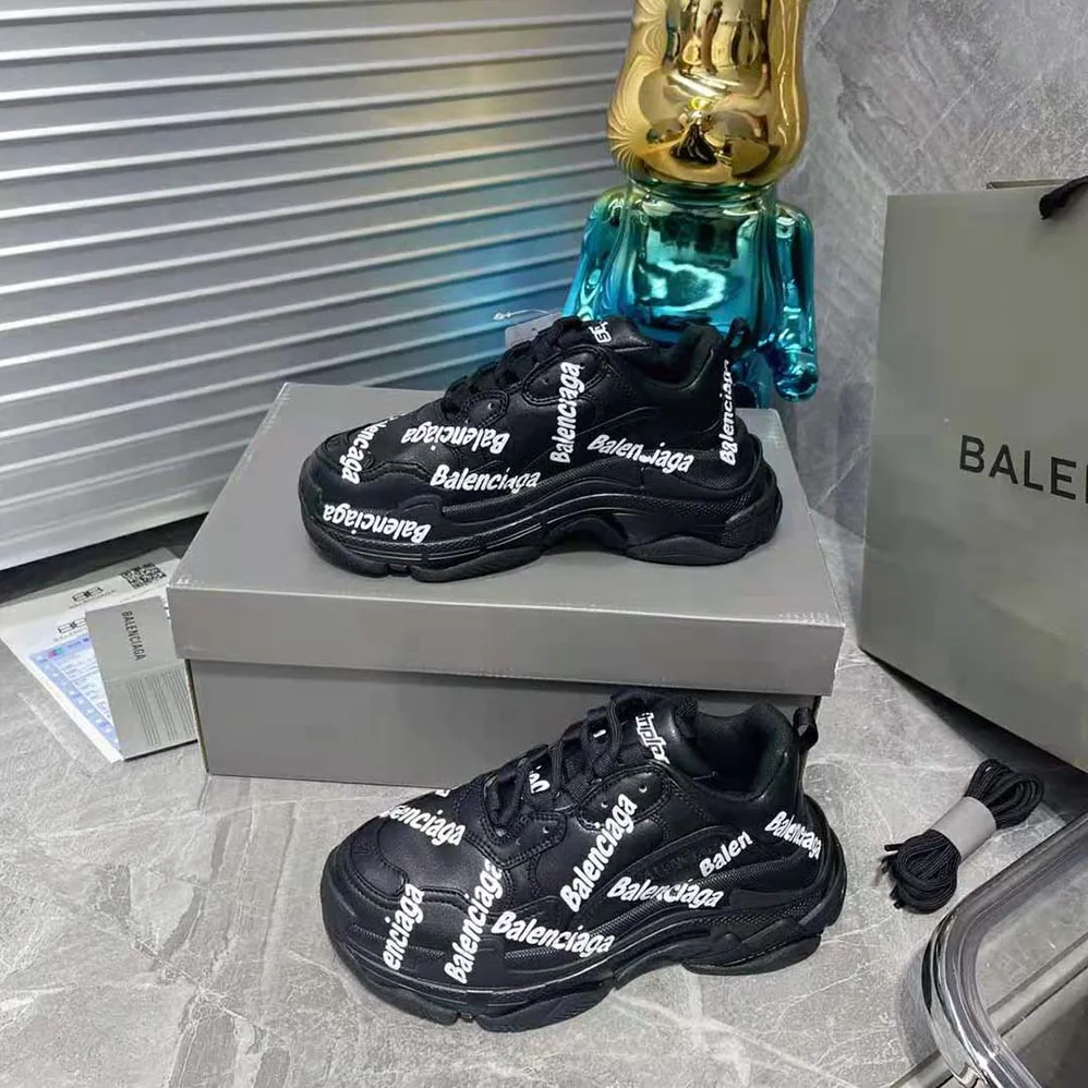 Balenciaga Triple S Logotype Sneaker in Black and White Technical Material for Women