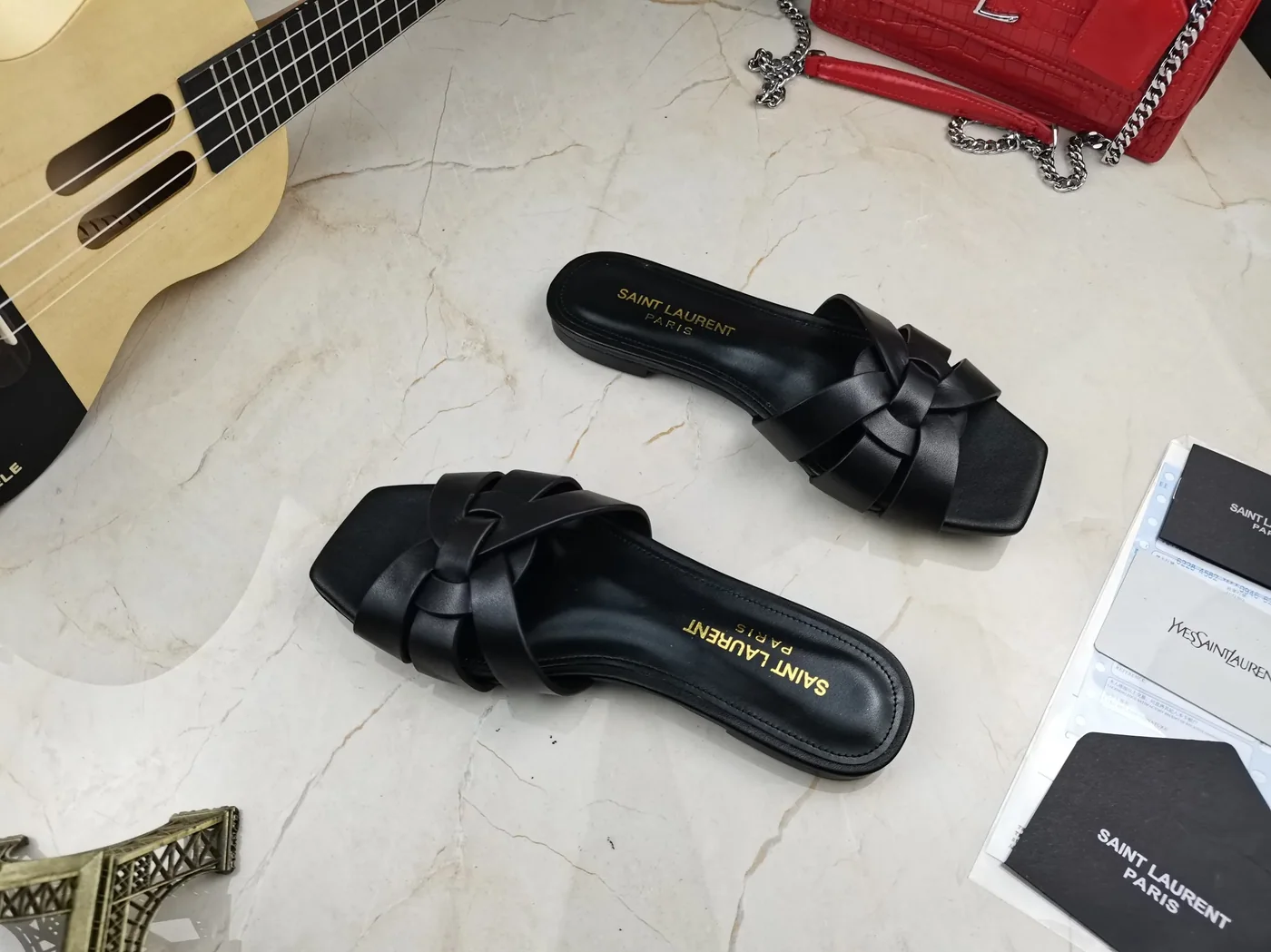Saint Laurent Tribute Flat Mules Black YSL Saint Laurent Tribute Flat Mules Black YSL