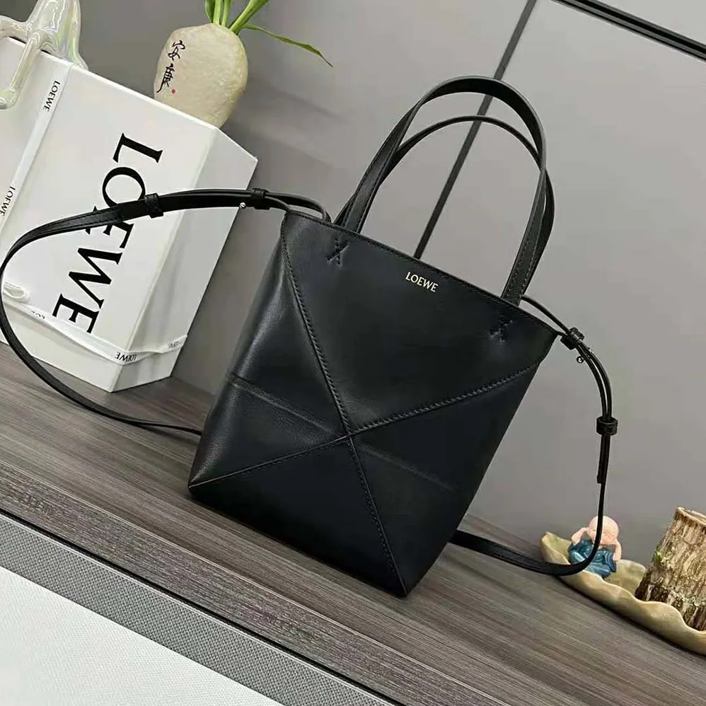 Loewe Mini Puzzle Fold Tote in Shiny Calfskin for Unisex in Black