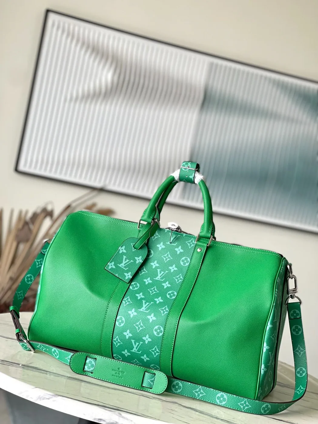 Louis Vuitton Keepall Bandouliere 45 Travel Bag in Green Silver Hardware