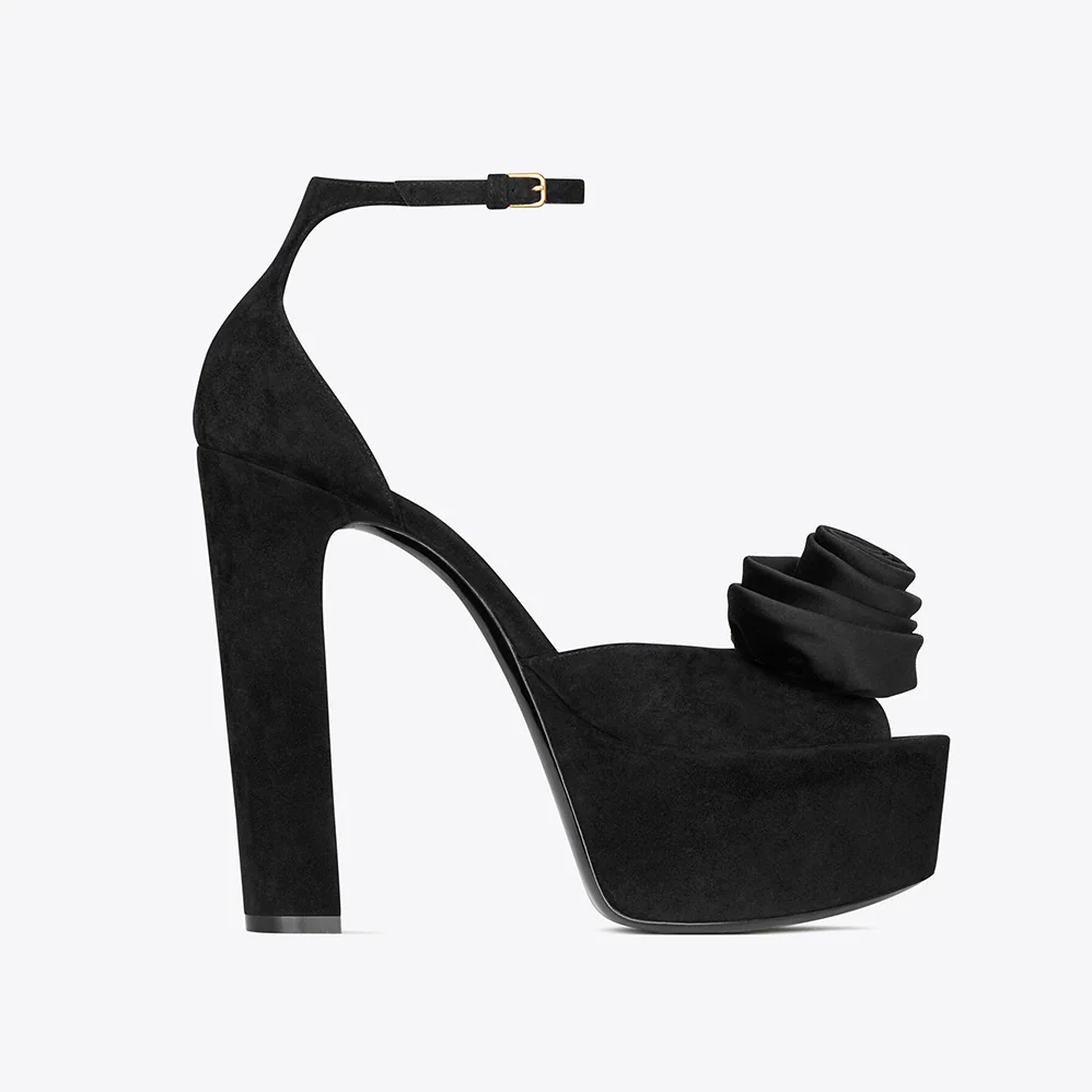 Saint Laurent YSL Jodie Platform Sandals in Suede with Silk Satin Flower for Women in Black Saint Laurent YSL Jodie Platform Sandals in Suede with Silk Satin Flower for Women in Black