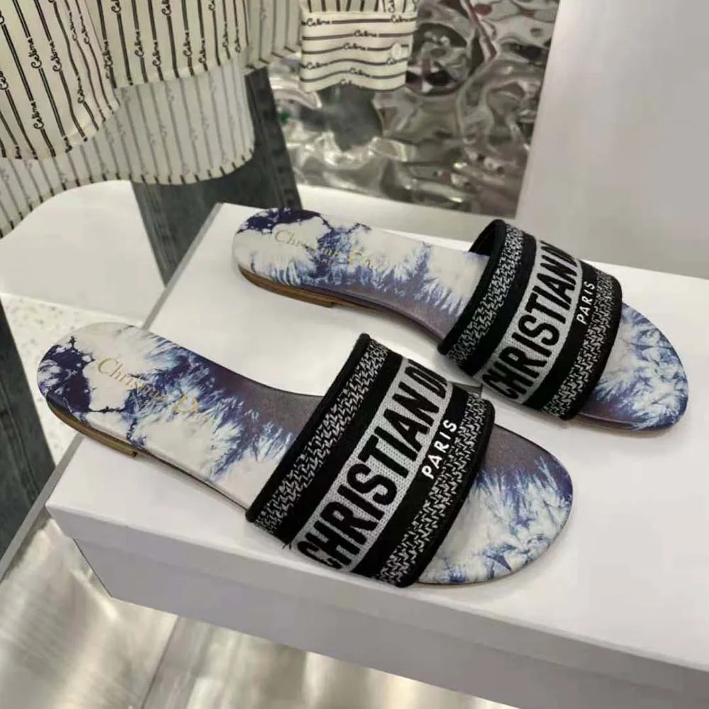 Dior Dway Slide Denim Blue Tie and Dior Embroidered Cotton for Women Dior Dway Slide Denim Blue Tie and Dior Embroidered Cotton for Women