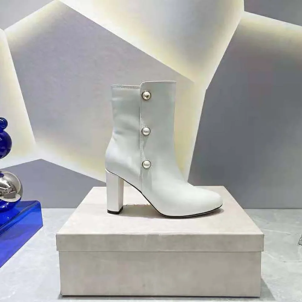Jimmy Choo Rina 85 Latte Nappa Leather Mid for Women in Calf Boots with Pearls Jimmy Choo Rina 85 Latte Nappa Leather Mid for Women in Calf Boots with Pearls