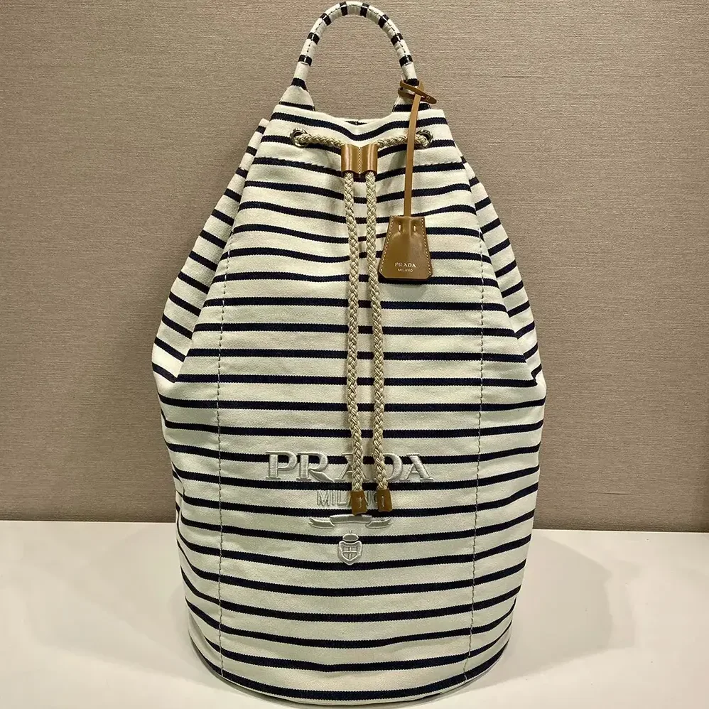 Prada Striped Canvas Drawstring Duffel Bag for Unisex in White