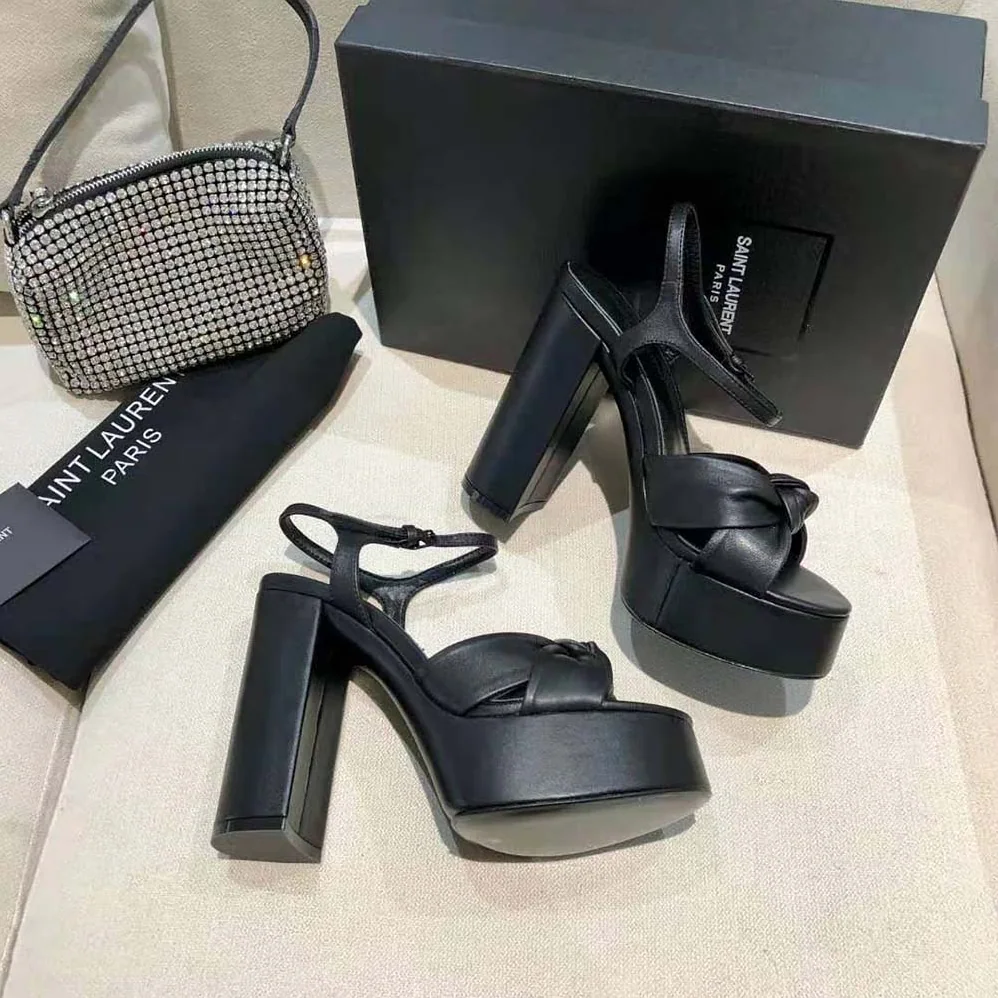 Saint Laurent YSL Bianca Platform Sandals in Smooth Leather for Women in Black