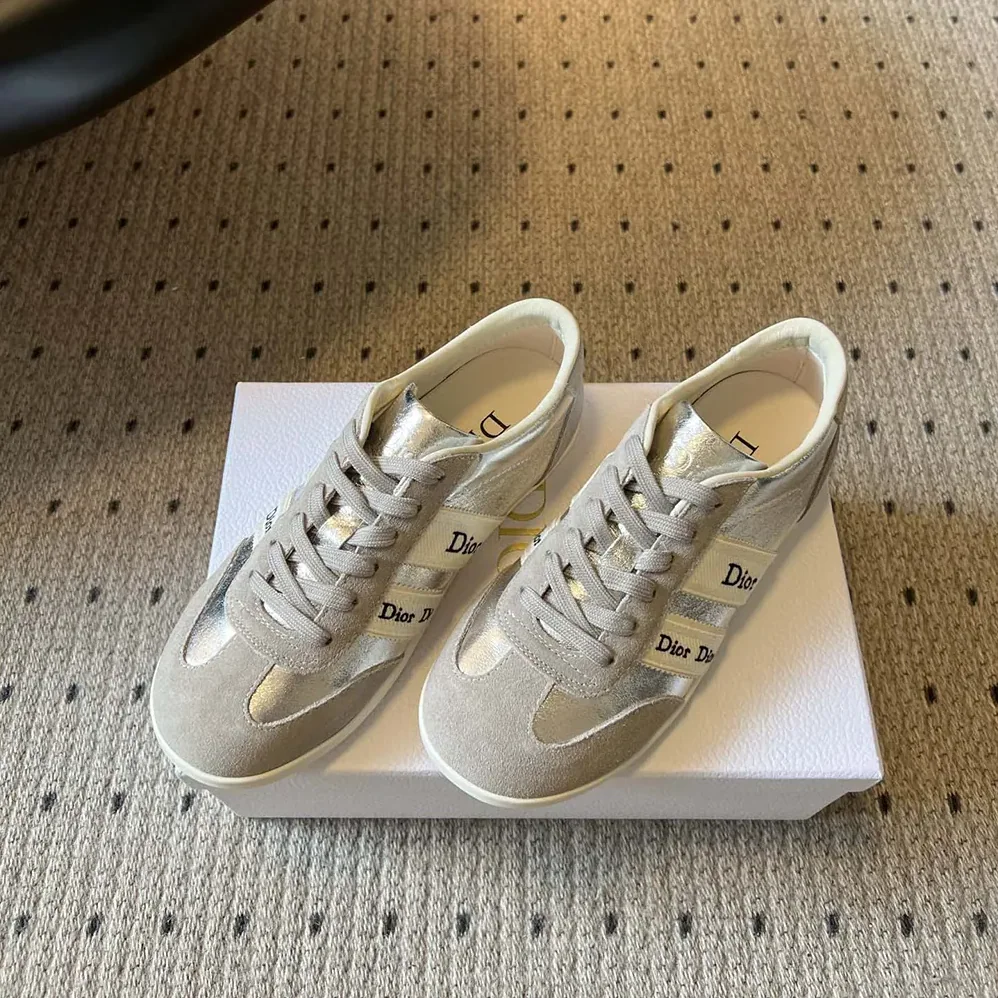 Dior Ribbon Sneaker Gray Suede Calfskin and Silver for Women in Tone Crinkled Laminated Lambskin Dior Ribbon Sneaker Gray Suede Calfskin and Silver for Women in Tone Crinkled Laminated Lambskin