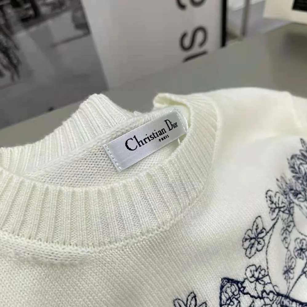 Dior Sweater Ecru Cashmere Knit with Blue Dior Sevilla Star Motif for Women