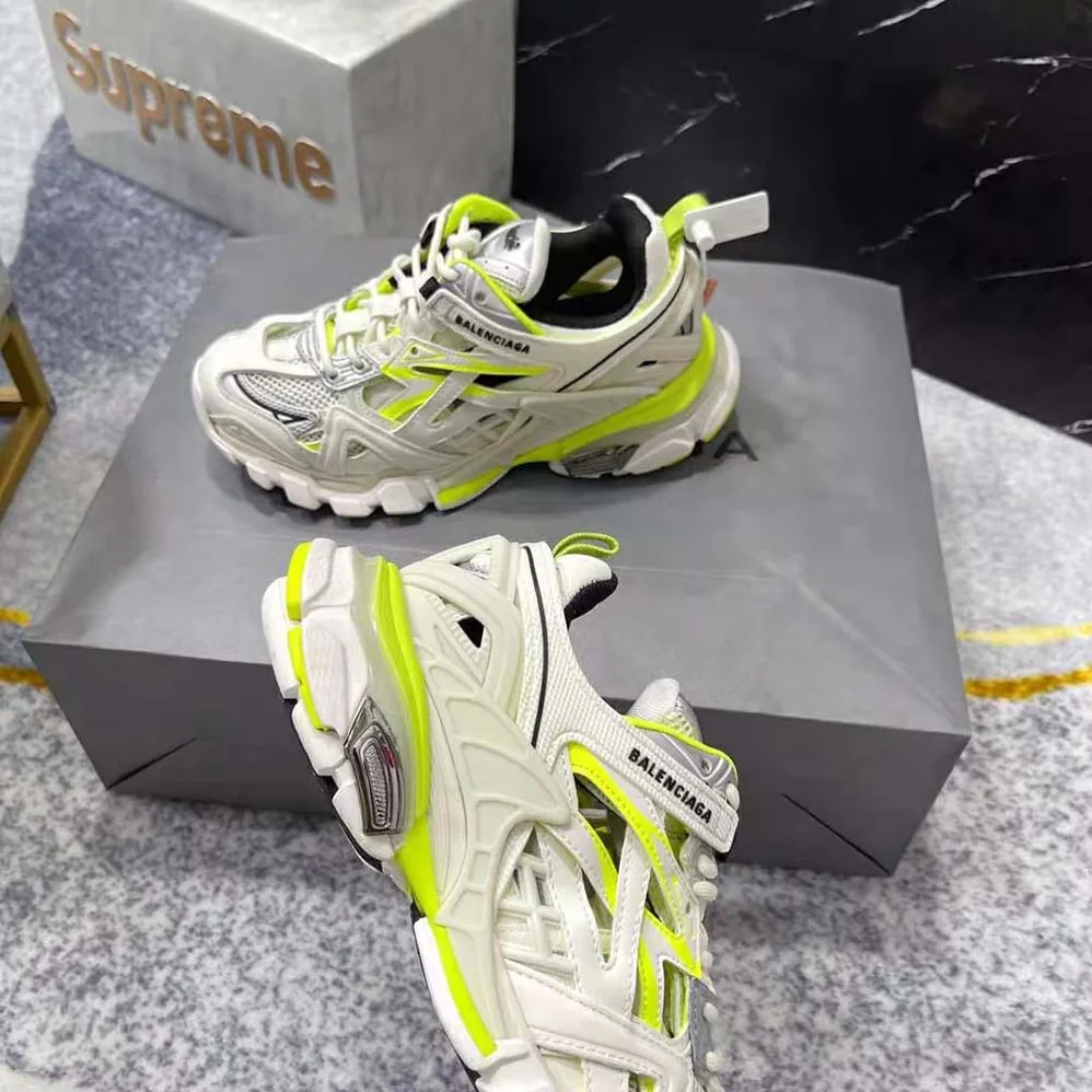 Balenciaga Track.2 Sneaker in White and Neon Yellow Neoprene and Rubber for Men