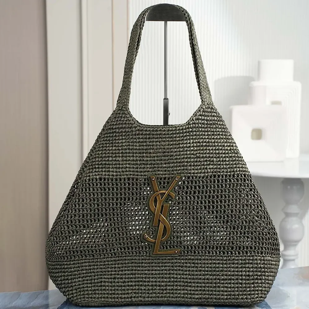 Saint Laurent YSL Icare Medium In Raffia Dark Green for Women