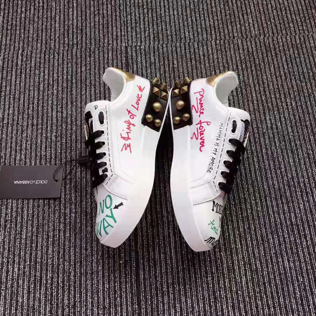 Dolce Gabbana D&G Printed Calfskin Nappa Portofino Sneakers with Patch and Embroidery for Women in White