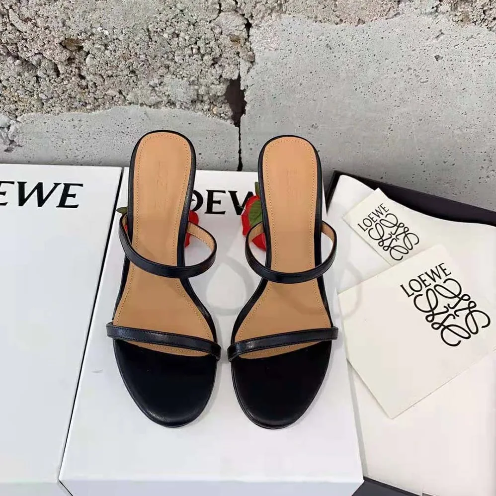 Loewe Rose Heel Sandal in Goatskin 10cm Heel Height for Women in Black