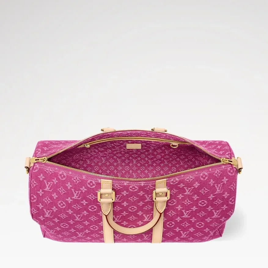 Louis Vuitton Keepall Bandouliere 45 Travel Bag in Fuchsia Denim Gold Hardware