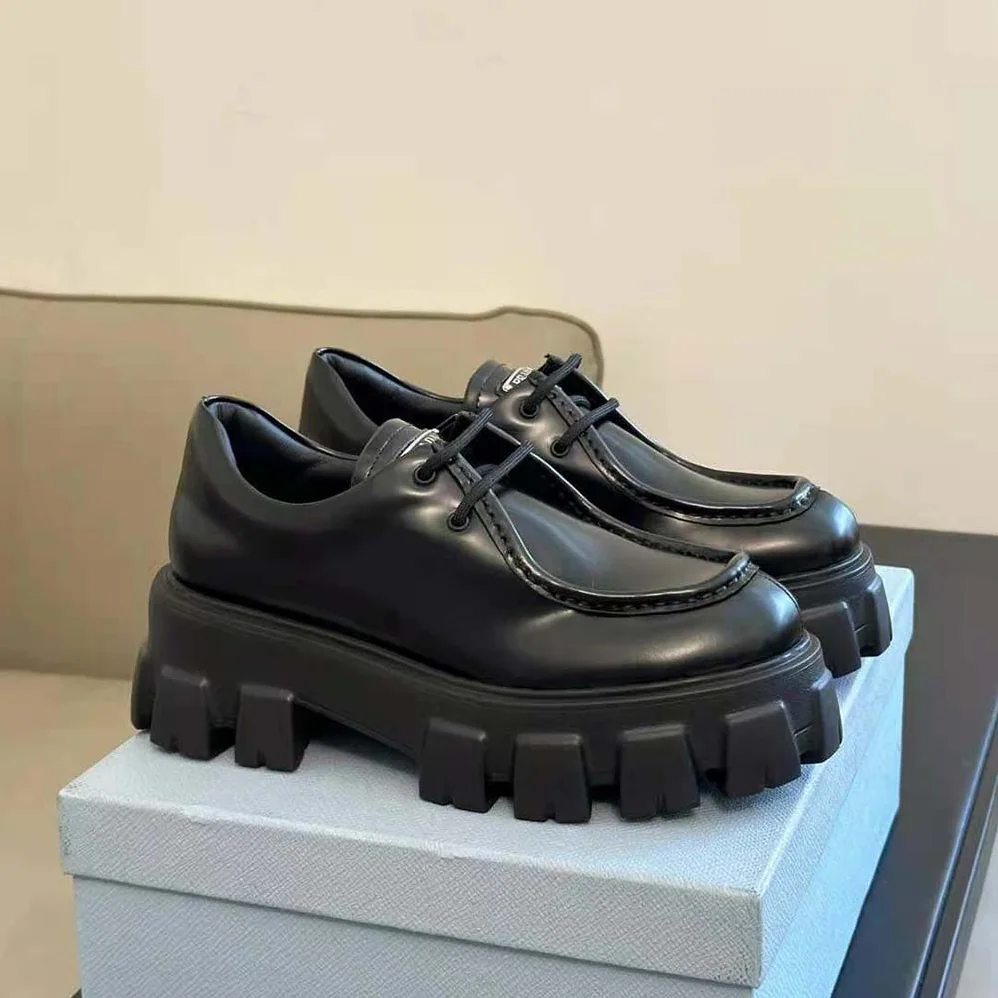Prada Monolith Brushed Leather Lace-up Shoes for Women in Black Prada Monolith Brushed Leather Lace-up Shoes for Women in Black