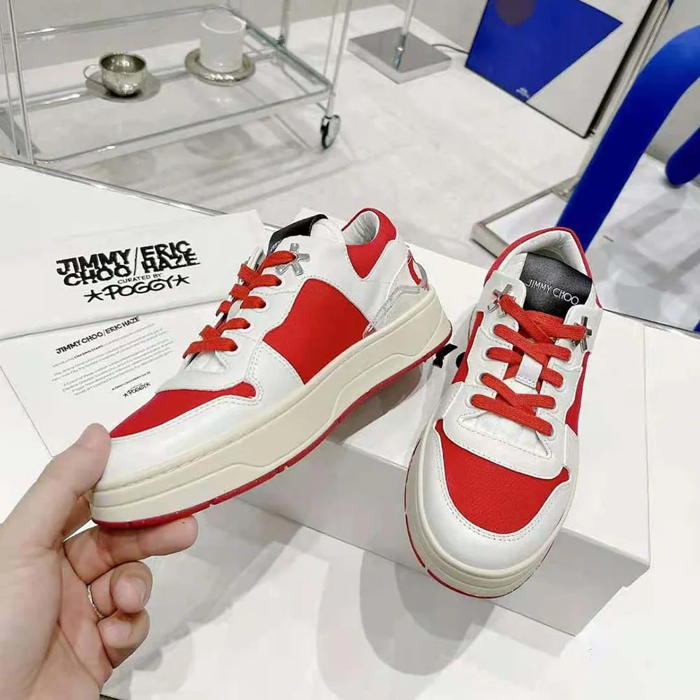 Jimmy Choo JC / Eric Haze Florent/M White Calf Leather and Red Canvas Trainers for Unisex