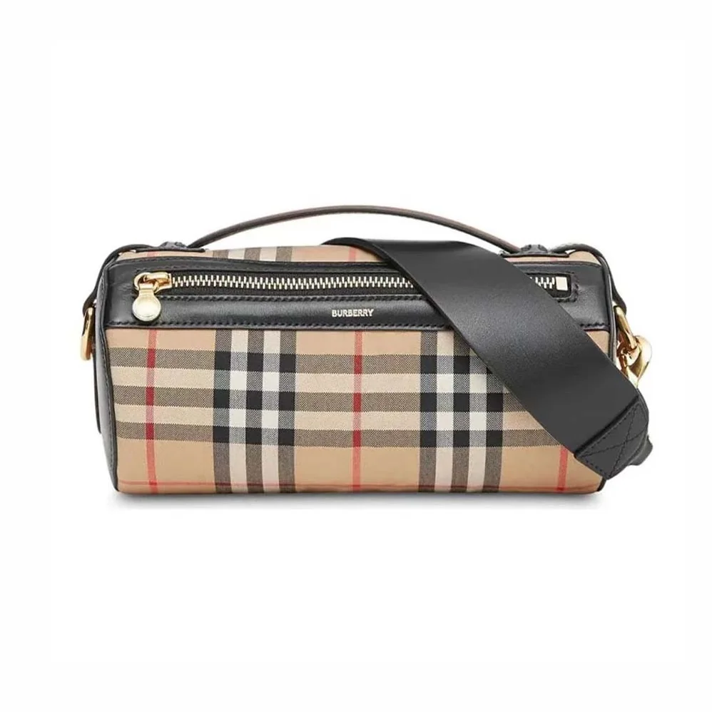 Burberry The Icon Stripe E-canvas and Leather Barrel Bag for Women in Brown Burberry The Icon Stripe E-canvas and Leather Barrel Bag for Women in Brown