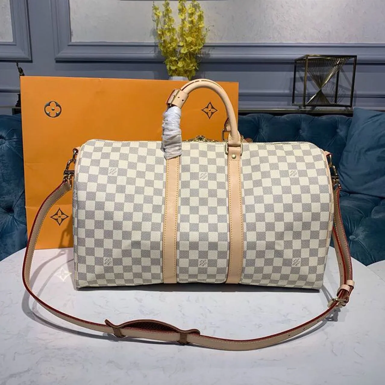 Louis Vuitton Keepall Bandouliere 45 Travel Bag in Damier Azur Gold Hardware Louis Vuitton Keepall Bandouliere 45 Travel Bag in Damier Azur Gold Hardware