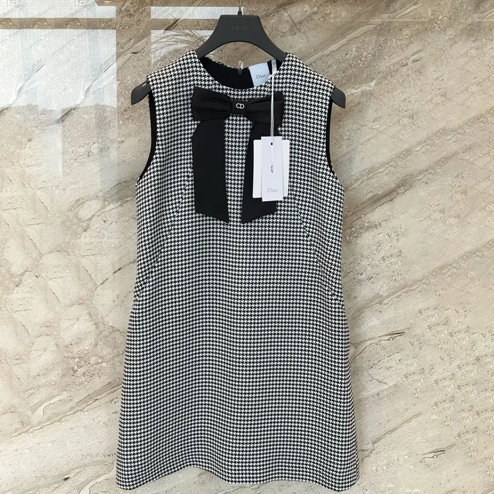 Dior Straight-Cut Short Dress Black and White Houndstooth Virgin Wool Blend for Women