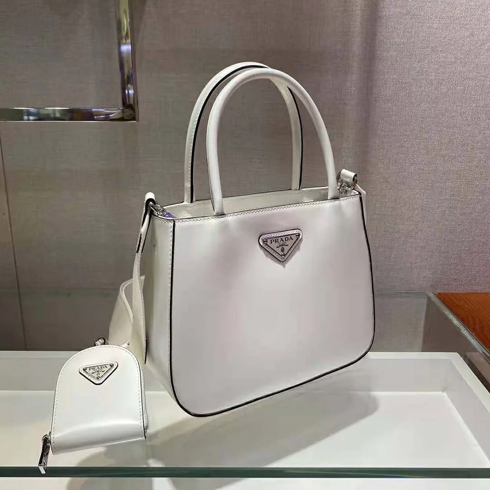 Prada Brushed Leather Handbag Nylon Lining for Women in White