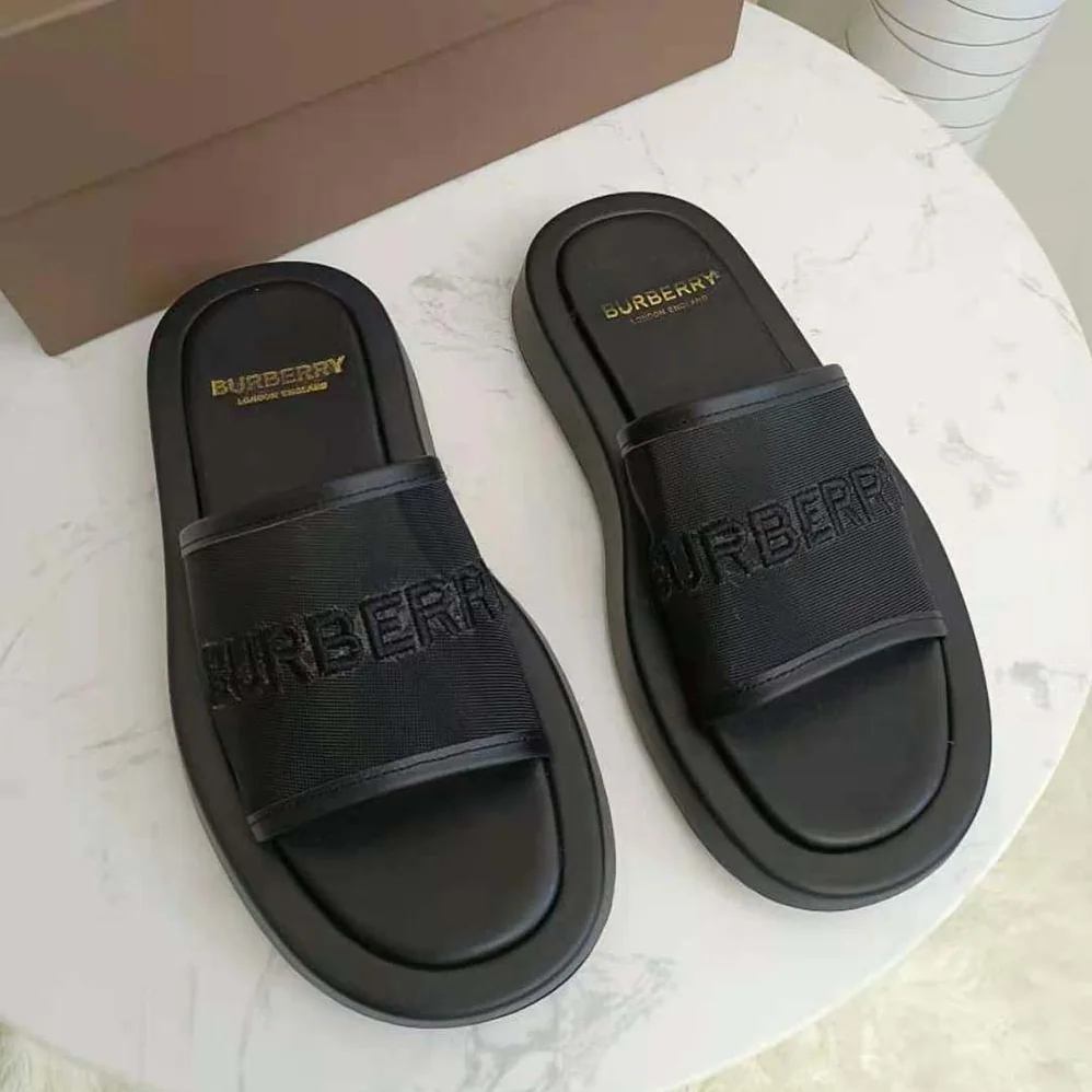Burberry Embroidered Logo Mesh and Leather Slides for Women Burberry Embroidered Logo Mesh and Leather Slides for Women