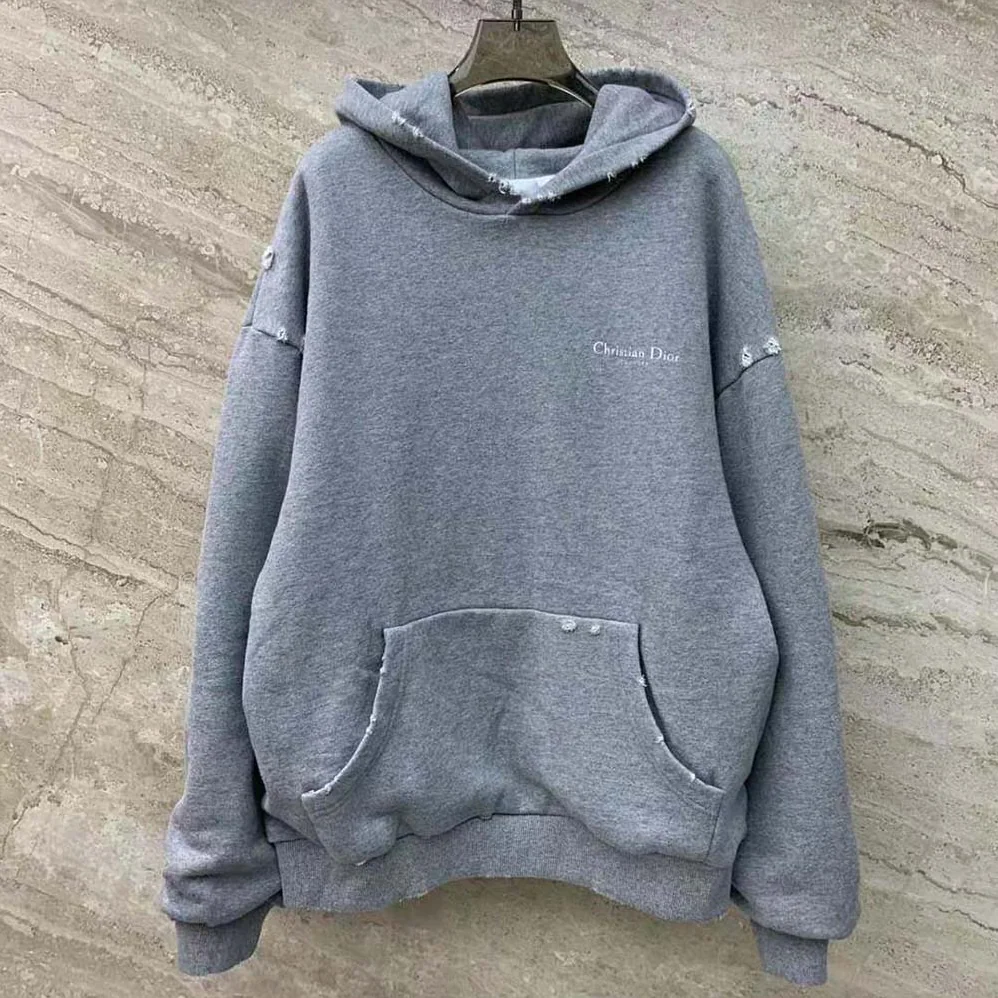 Dior Christian Dior Couture Hooded Sweatshirt Gray Cotton Fleece with Dévoré Effect for Men