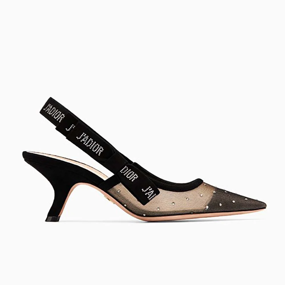 Dior J'Adior Slingback Nude Dotted Swiss Rhinestones Ribbon Adorned Rhinestones for Women
