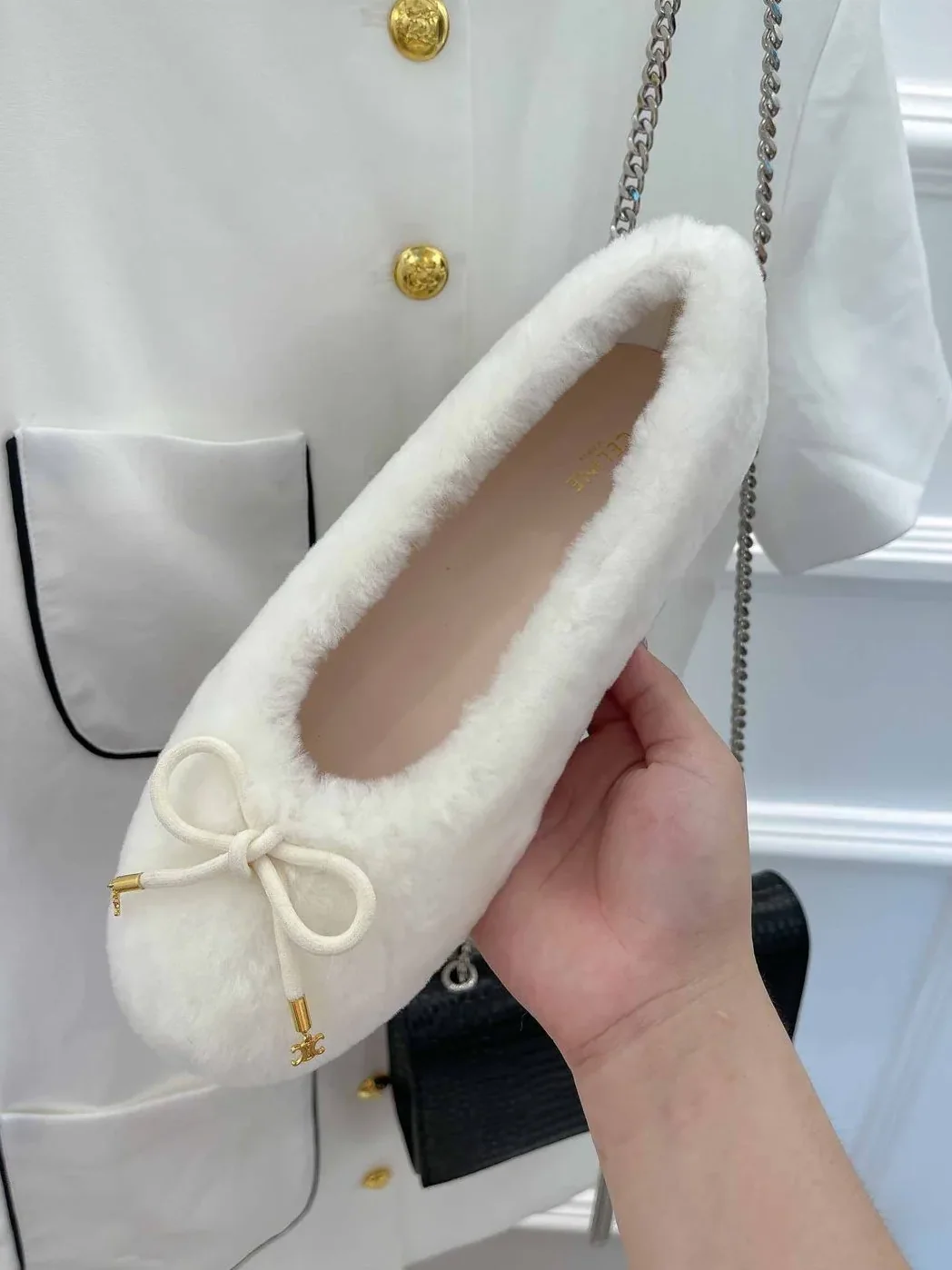 Celine Les Ballerines Celine Ballerina With Triomphe Laces And Fur White Celine Les Ballerines Celine Ballerina With Triomphe Laces And Fur White