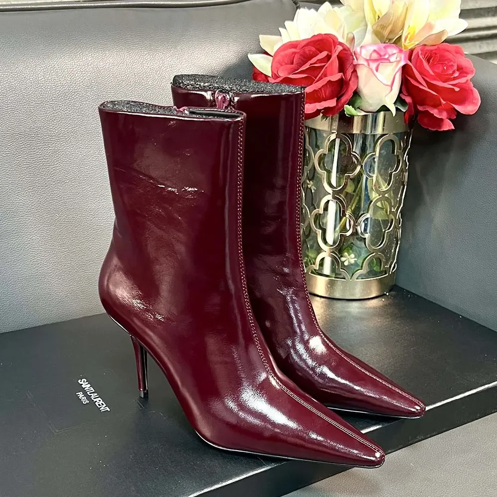 Saint Laurent YSL Ashley Booties In Smooth Leather Bordeaux for Women
