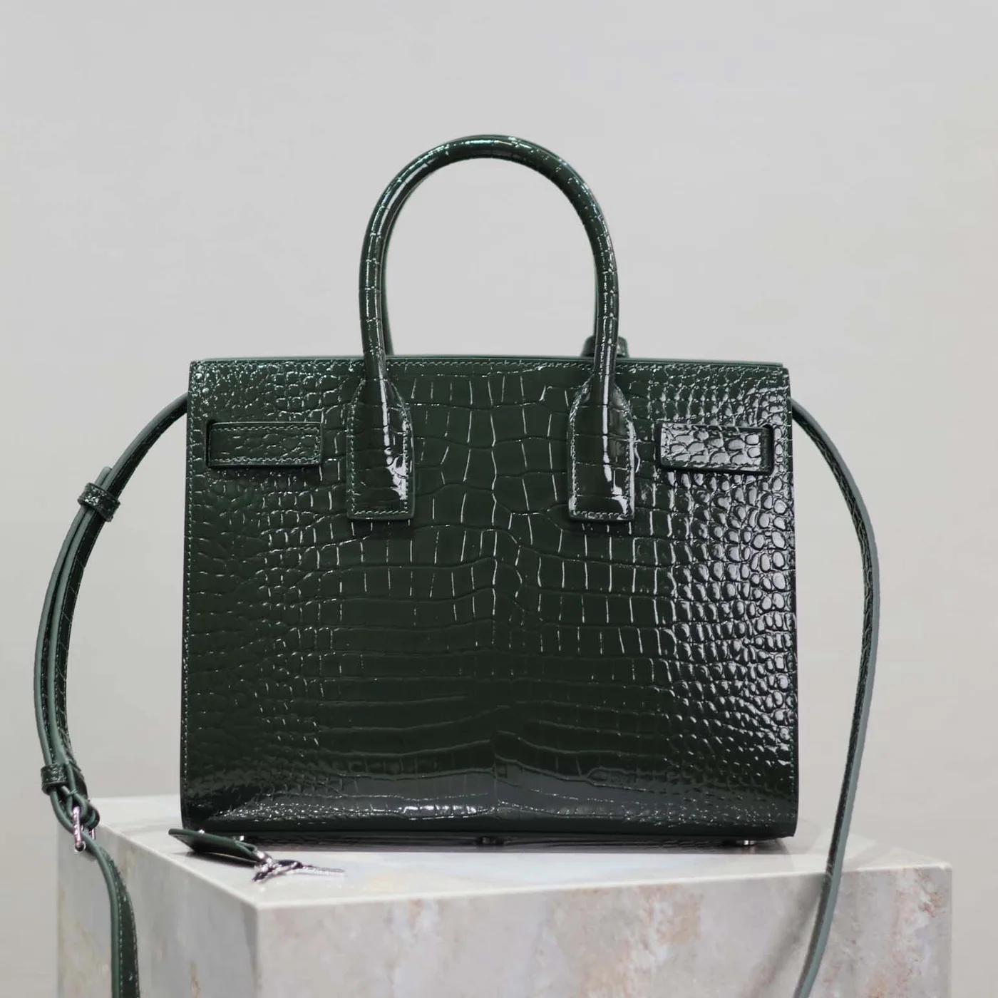 Saint Laurent YSL Sac De Jour in Embossed Crocodile Leather Baby for Women in Dark Green