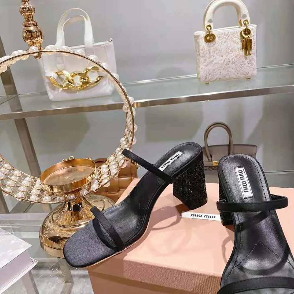 Miu Miu Satin and Glitter Slides in 85 mm Heel Height for Women in Black Miu Miu Satin and Glitter Slides in 85 mm Heel Height for Women in Black