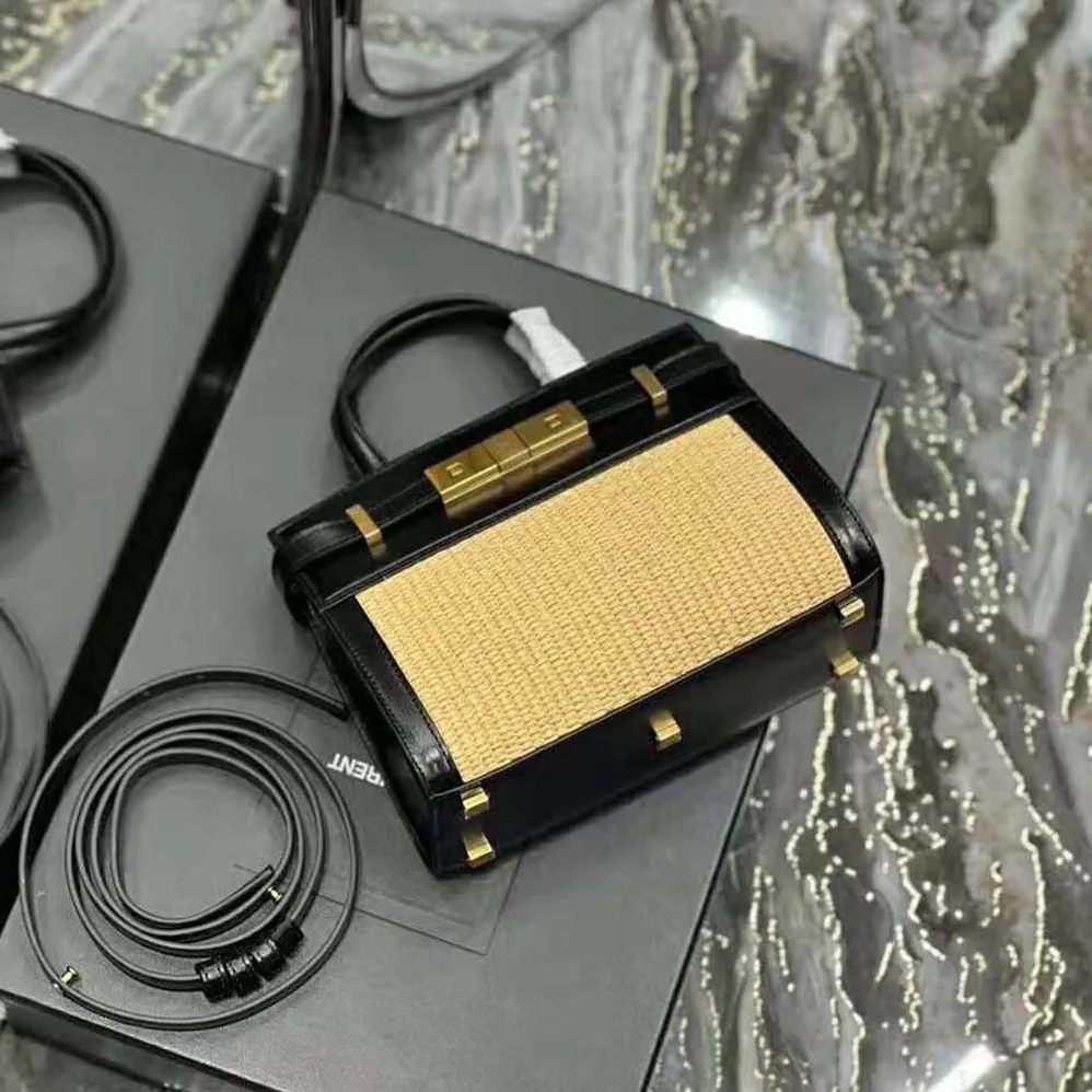 Saint Laurent YSL Manhattan Nano Shopping Bag in Raffia and Smooth Leather for Women in Black