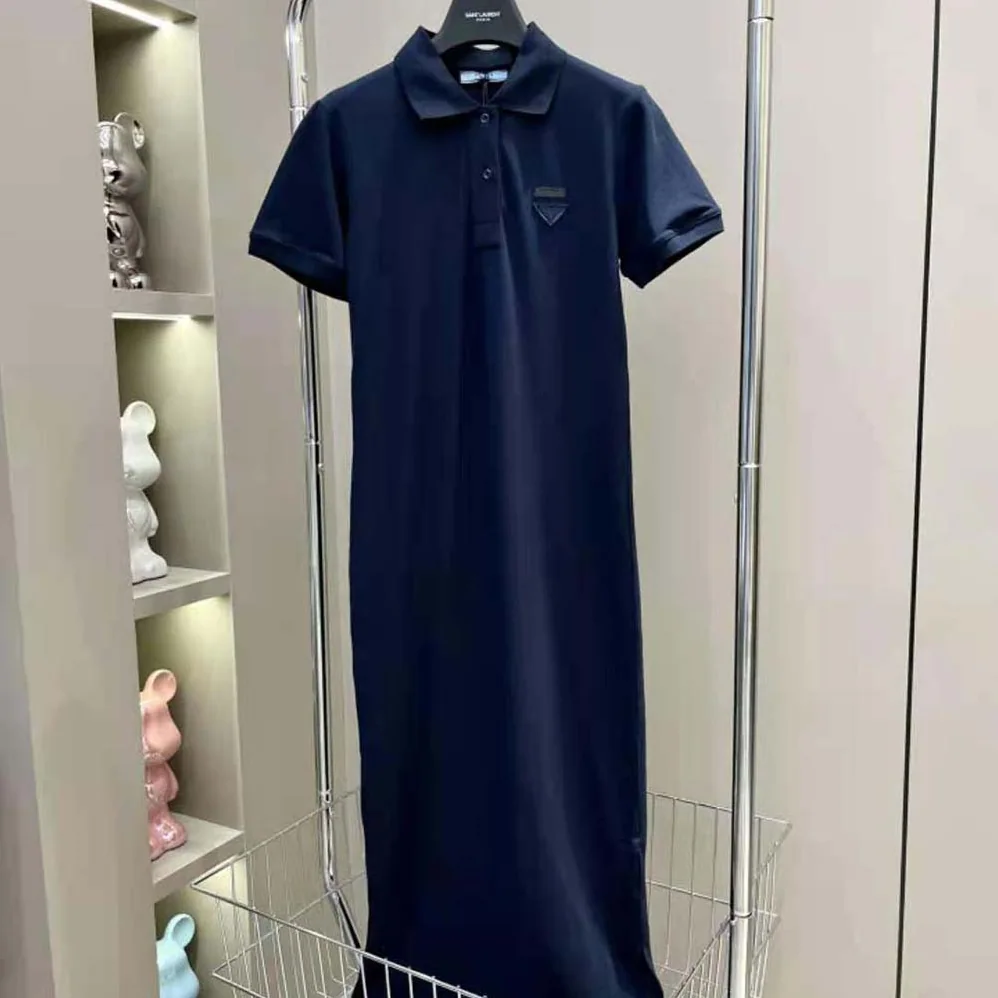 Prada Piqué Midi-dress with Fabric Triangle Logo for Women in Navy