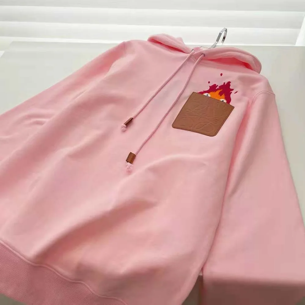 Loewe Calcifer Leather Patch Hoodie in Cotton for Women in Pink Loewe Calcifer Leather Patch Hoodie in Cotton for Women in Pink