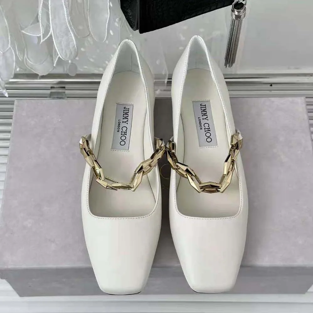 Jimmy Choo Diamond Tilda Flat Black Nappa Leather Flats with Chain for Women in White