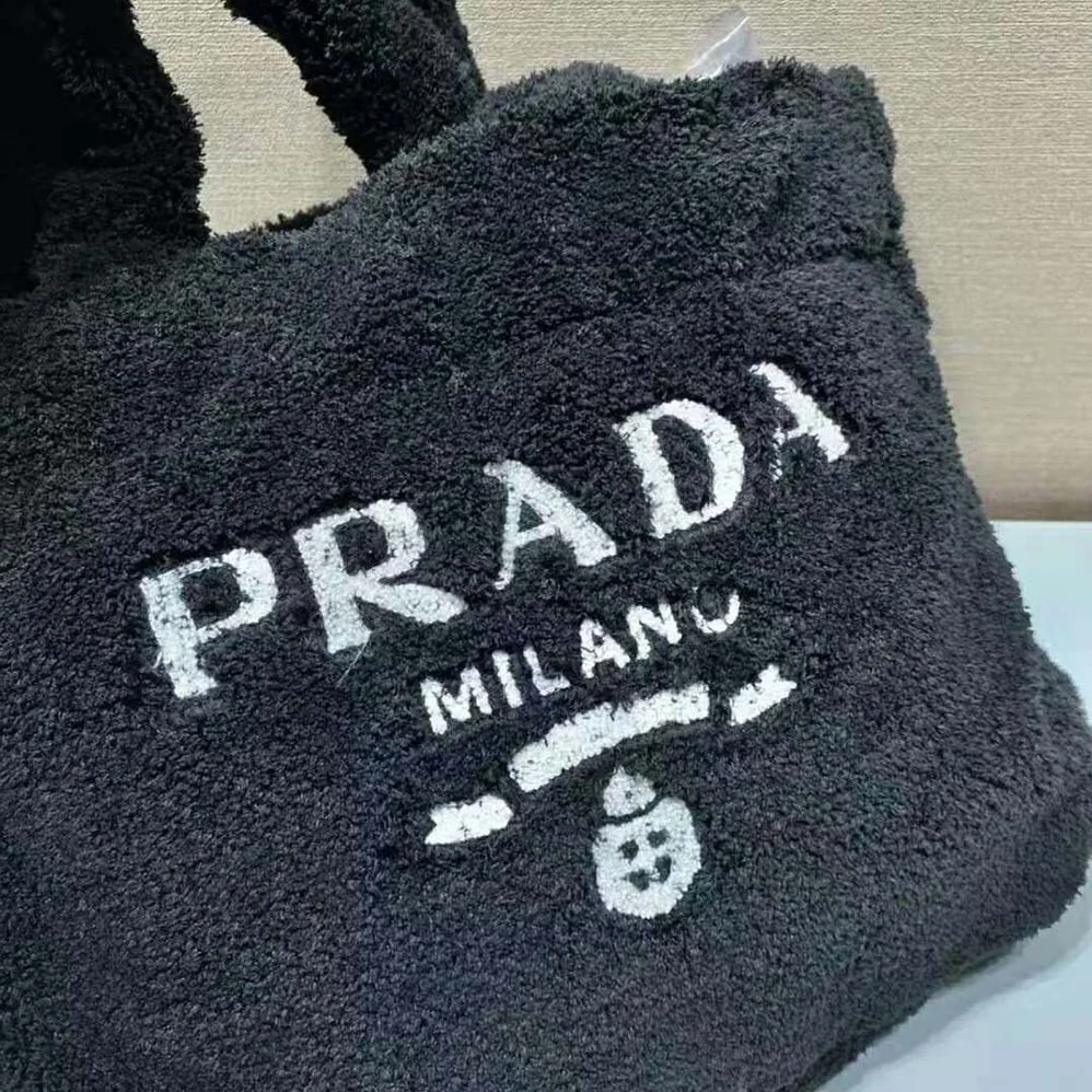 Prada Enameled Metal Triangle Logo Terry Tote Bag for Women in Black Prada Enameled Metal Triangle Logo Terry Tote Bag for Women in Black