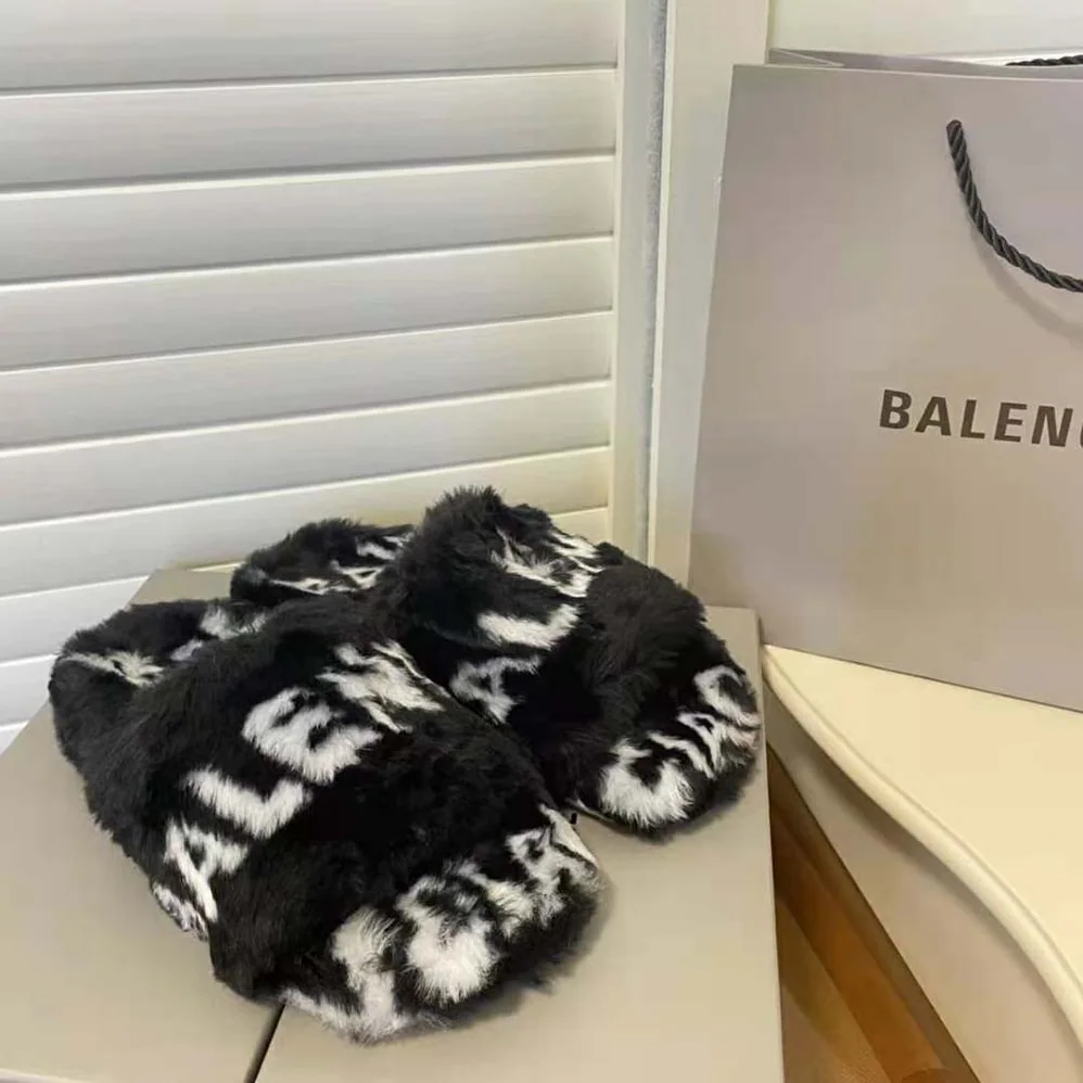 Balenciaga Furry Slide Sandal Allover Logo in Black and White Fake Fur for Women Balenciaga Furry Slide Sandal Allover Logo in Black and White Fake Fur for Women