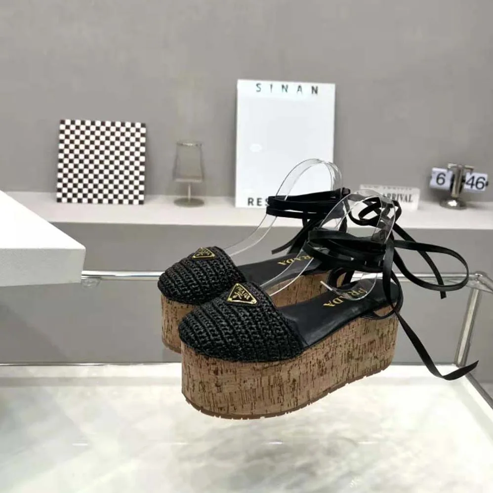 Prada Crochet Wedge Sandals with Enameled Metal Triangle Logo for Women in Black