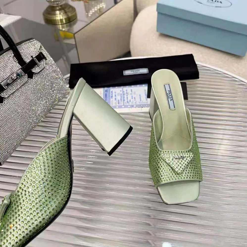 Prada High-heeled Satin Slides with Crystals for Women in Auqa Prada High-heeled Satin Slides with Crystals for Women in Auqa