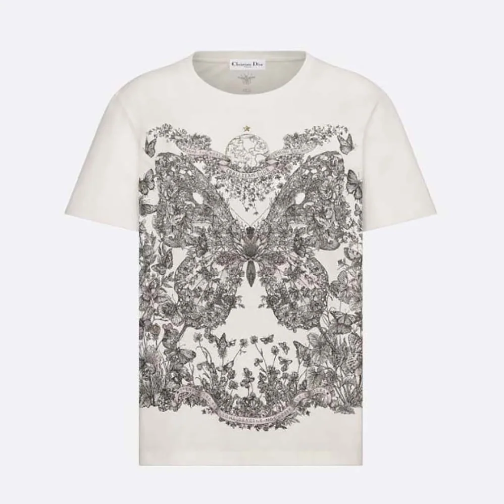 Dior T-Shirt White Cotton and Linen Jersey with Pastel Pink Butterfly Around The World Motif for Women